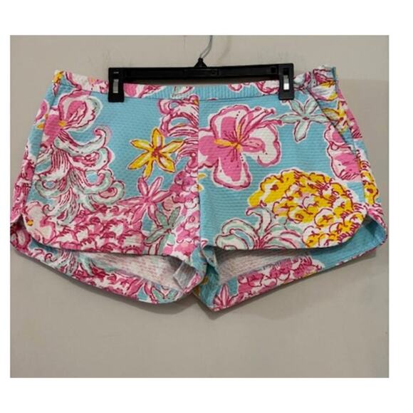 Lilly Pulitzer Adie Shorts Blue With Pink Floral Women's Size 12 Cotton Preppy - Picture 1 of 7